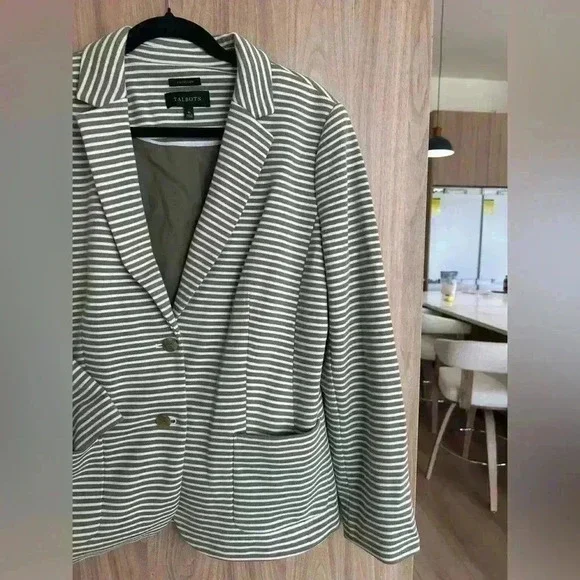 Talbots Aberdeen Knit STRIPE PIQUE Blazer green white size 16 like new - Picture 6 of 10